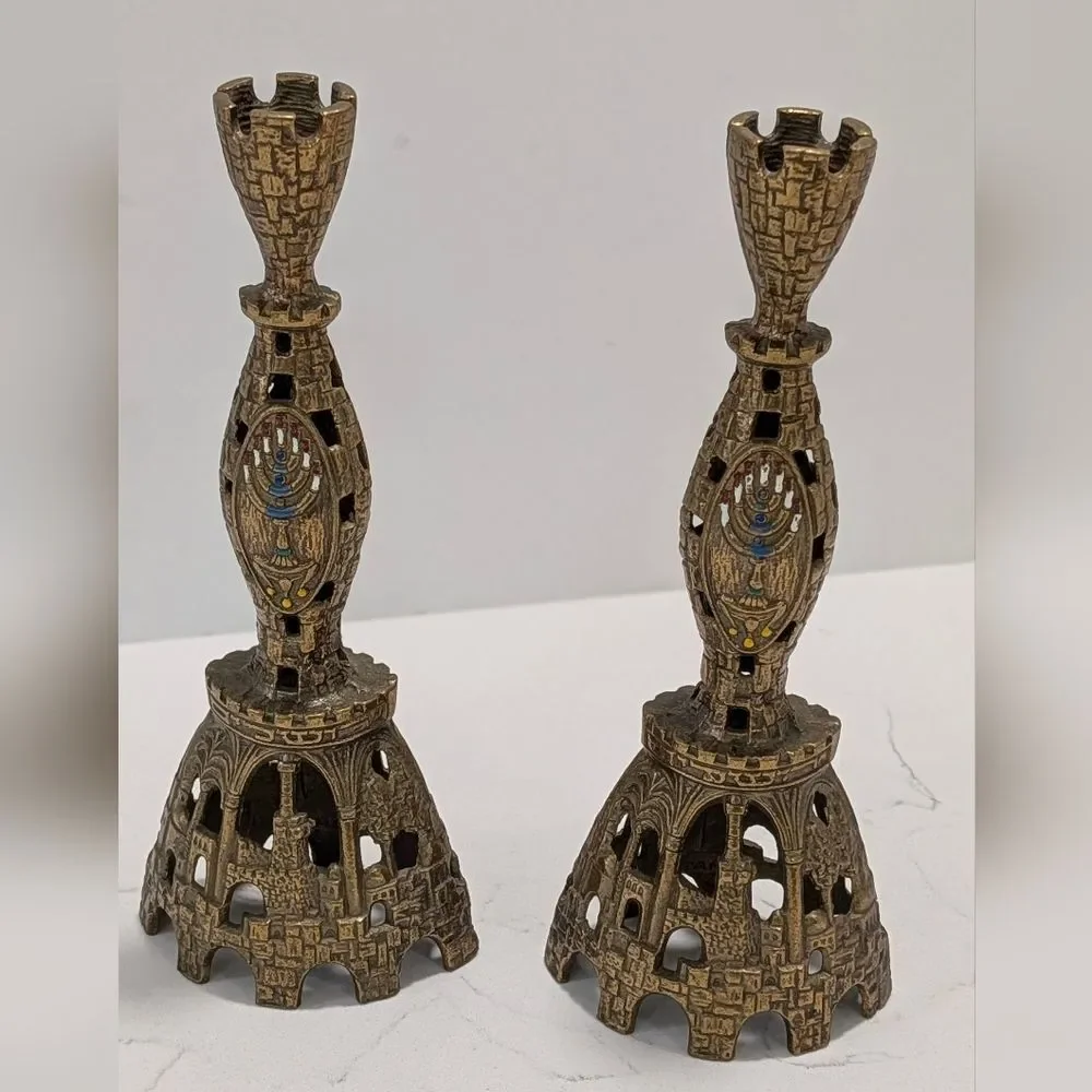 Vintage TAMAR Israel Judaica Castle Shabbat Candlesticks Pair Menorah Jerusalem